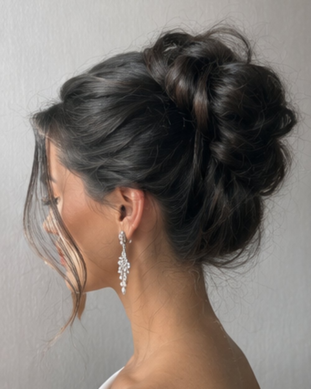 Dunkler Chignon mit langen Statement-Ohrringen für den Abend