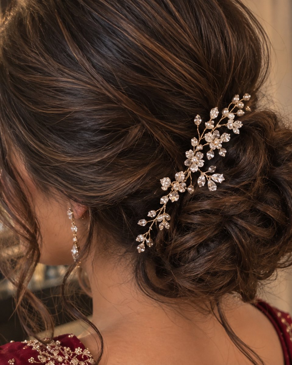 Gedrehter tiefer Chignon von hinten mit Perlen-Haarschmuck