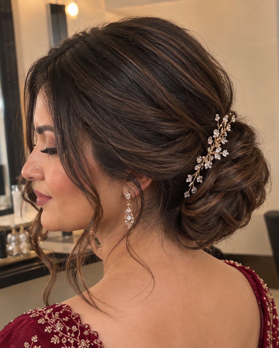 Hochsteckfrisur im Profil mit filigranem Haarschmuck und rotem Kleid